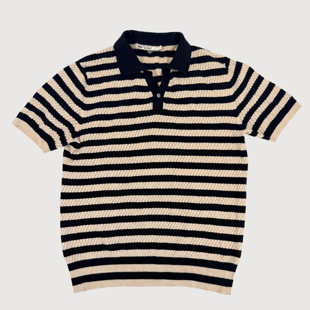 Mr Turk Striped Knit Polo Black Cream Short Sleeve M
